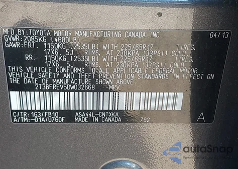 2013 Toyota Rav4 Le from USA, damaged, VIN 2T3BFREV5DW032668